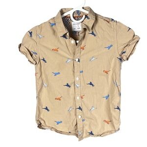Cactus Boys Shirt 7 Button Front Dinosaur Print Tan Short Sleeve Dino